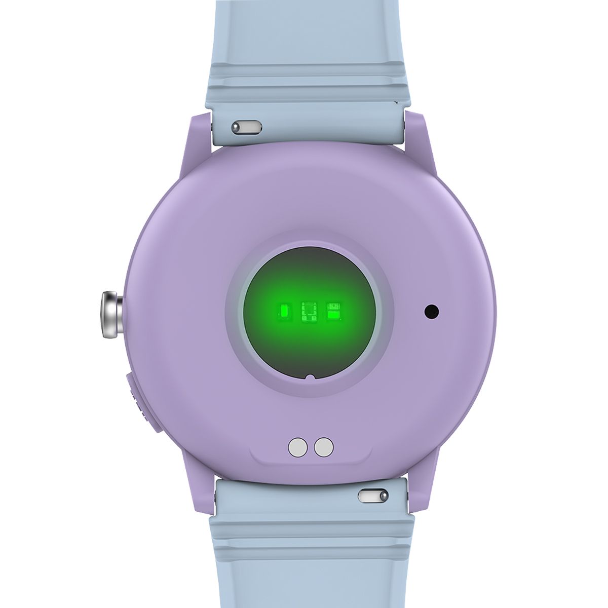 Rückseite einer lila Smartwatch mit blauem Armband und leuchtendem grünen Display.