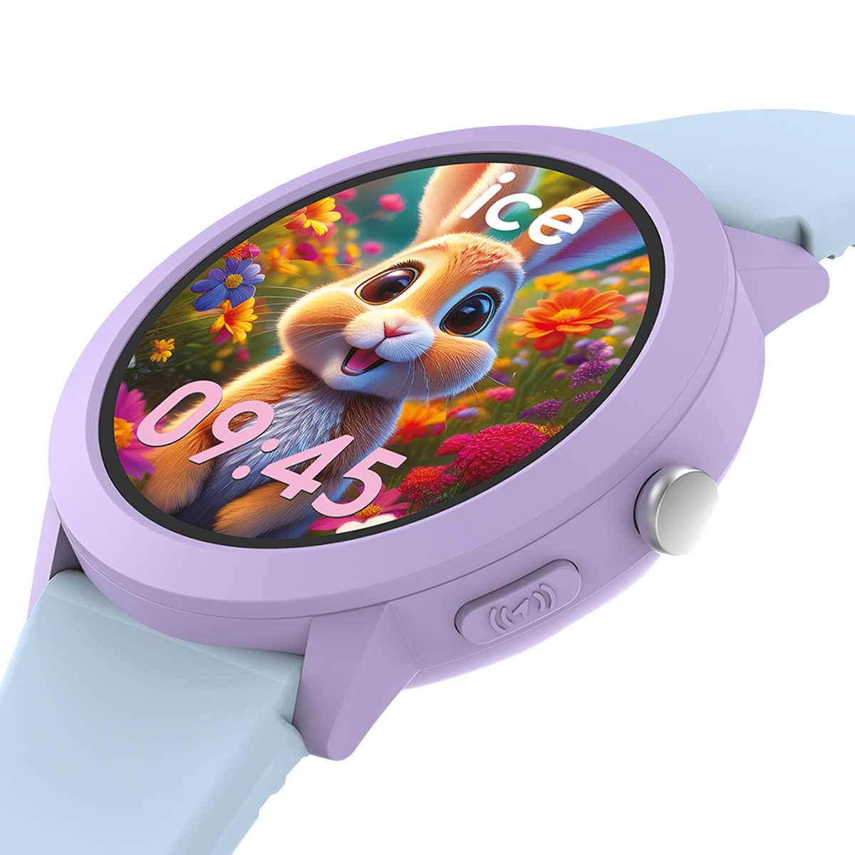 Lila Smartwatch mit einem Cartoon-Hasen und Blumen auf dem Zifferblatt. Zeit 09:45.