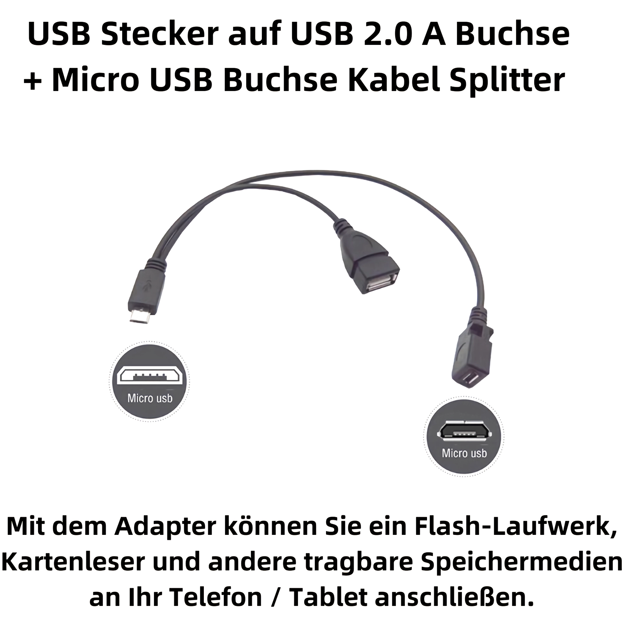 USB-Stecker auf USB 2.0 A Buchse + Micro USB Buchse Kabel Splitter.