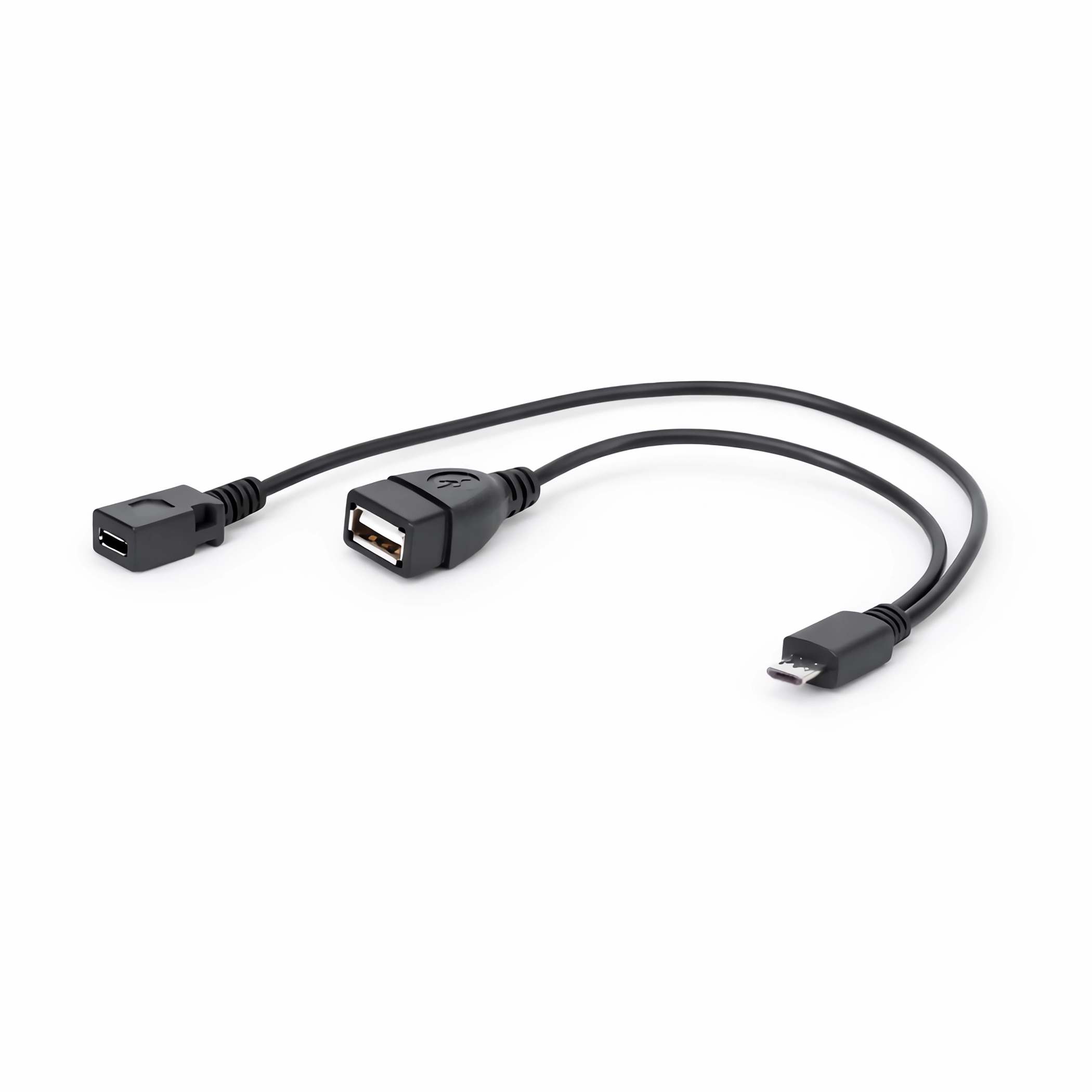 Schwarzes USB-Kabel mit einem Mikro-USB-Stecker und zwei USB-Buchsen.