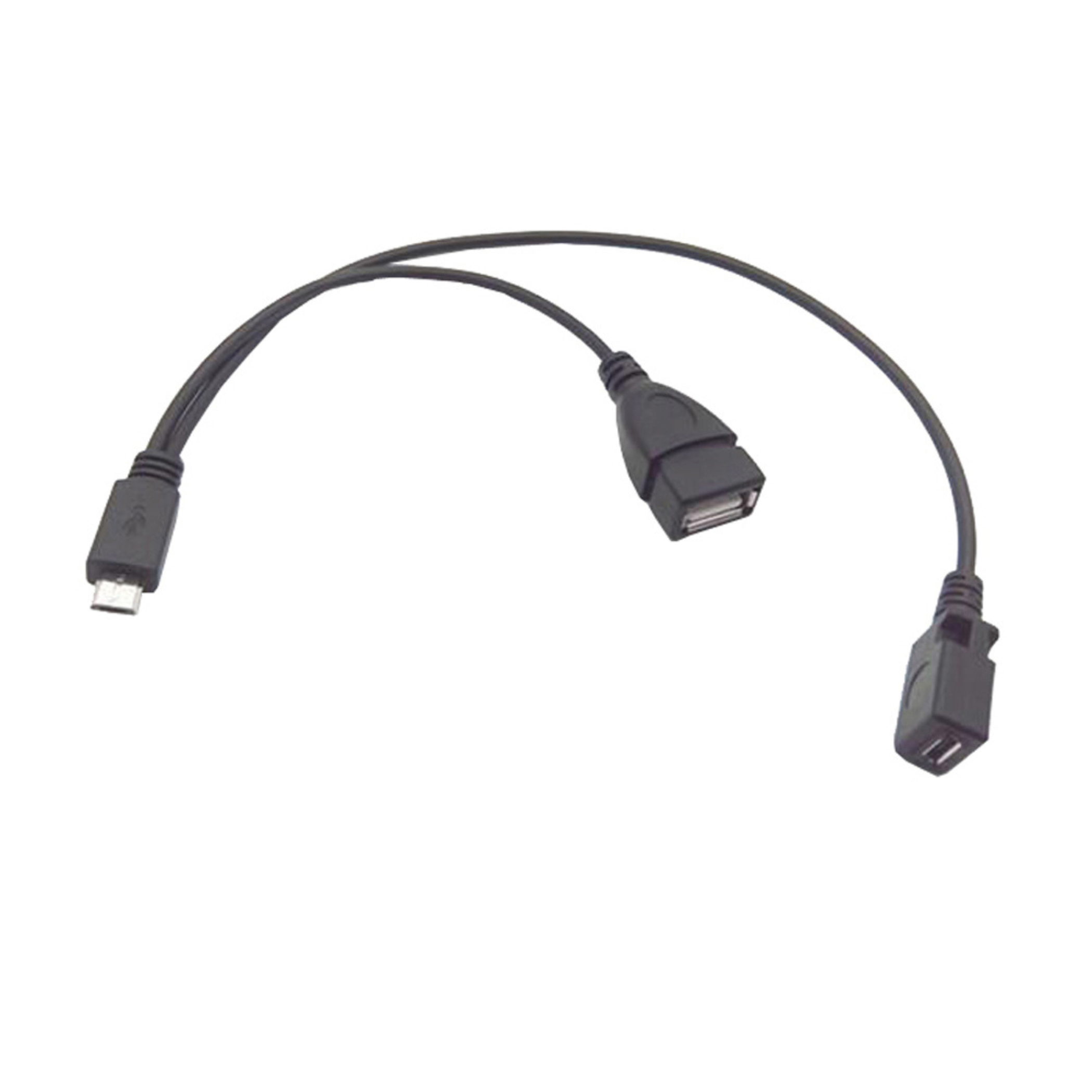 Ein schwarzes USB-Kabel mit einem Micro-USB-Stecker und zwei USB-A-Buchsen.