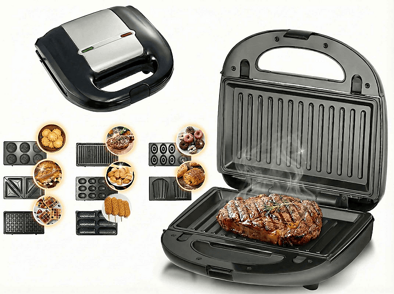 BYTELIKE 8-in-1 750W Wechselplatten Antihaft Multigrill, Waffeleisen, Sandwichmaker Schwarz