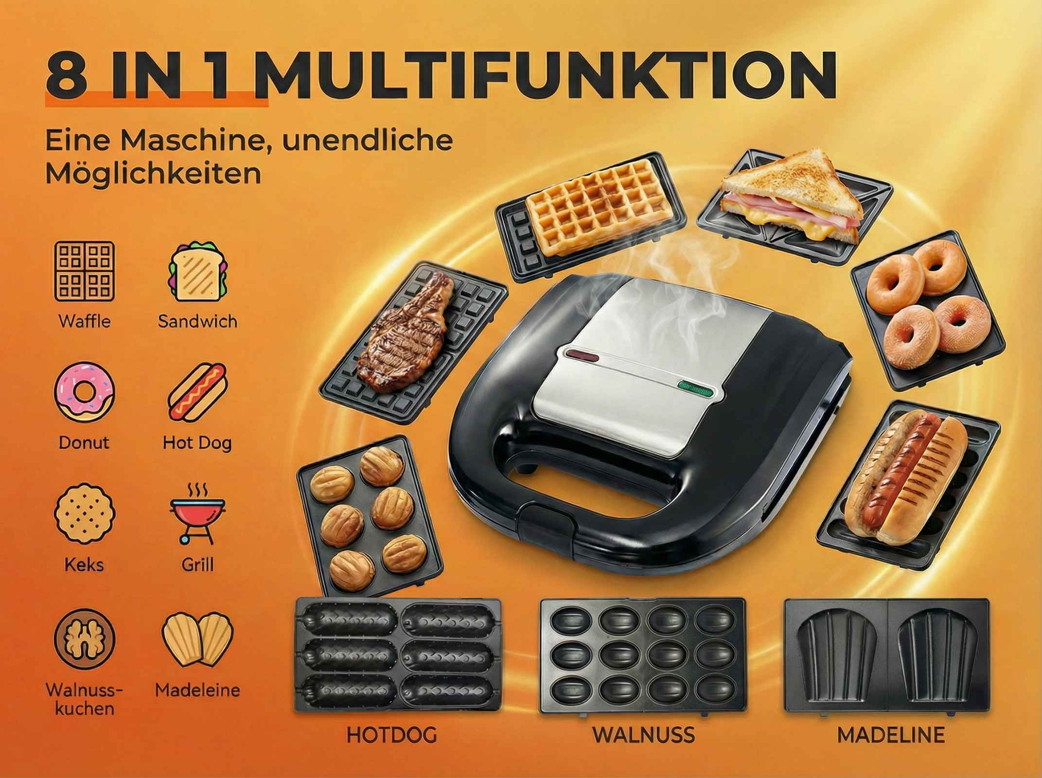 8-in-1 Multifunktionsgerät mit verschiedenen Backformen und Speisen.