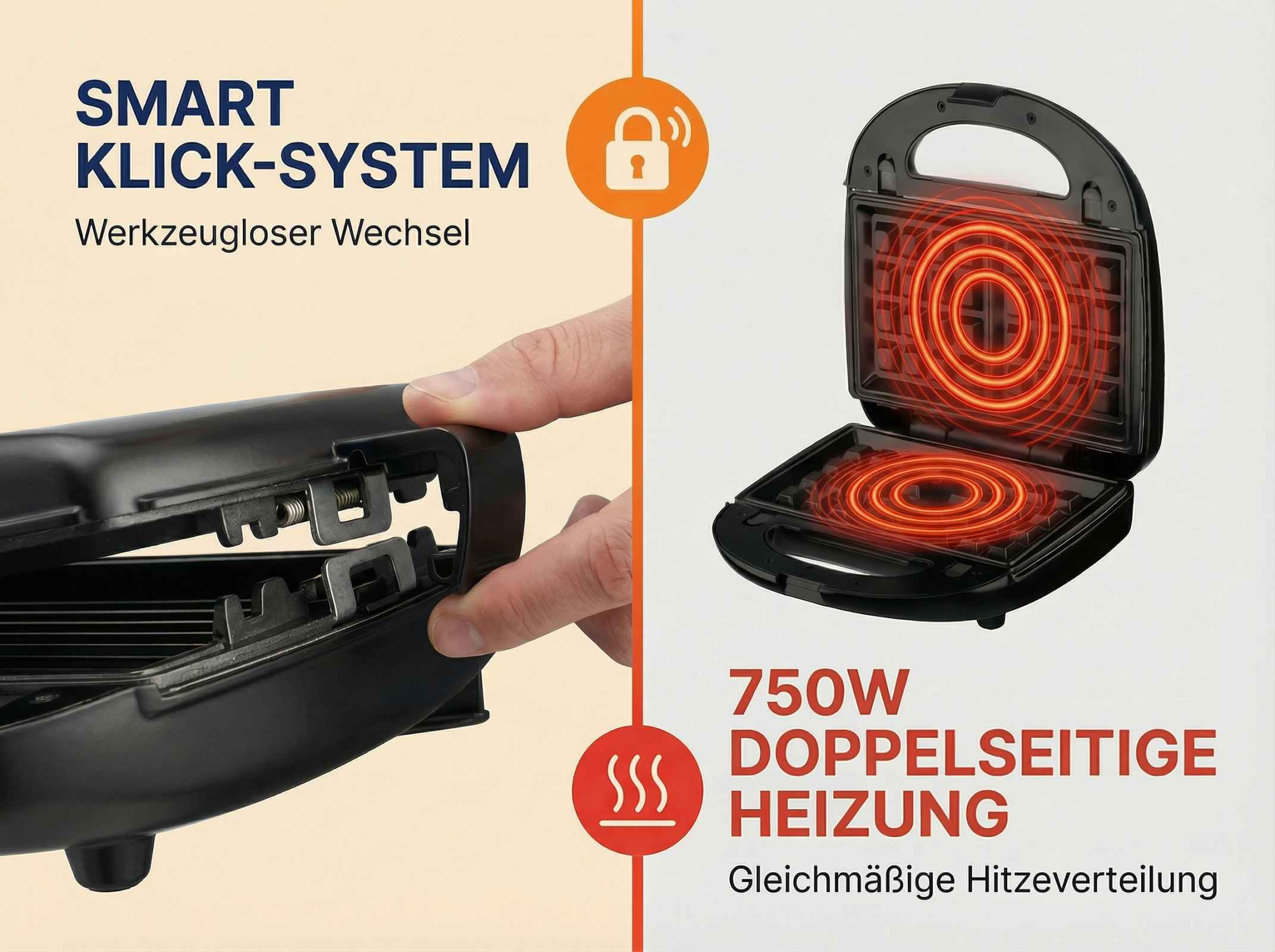 Ein Sandwichmaker mit einem Smart Klick-System und 750W Heizleistung.