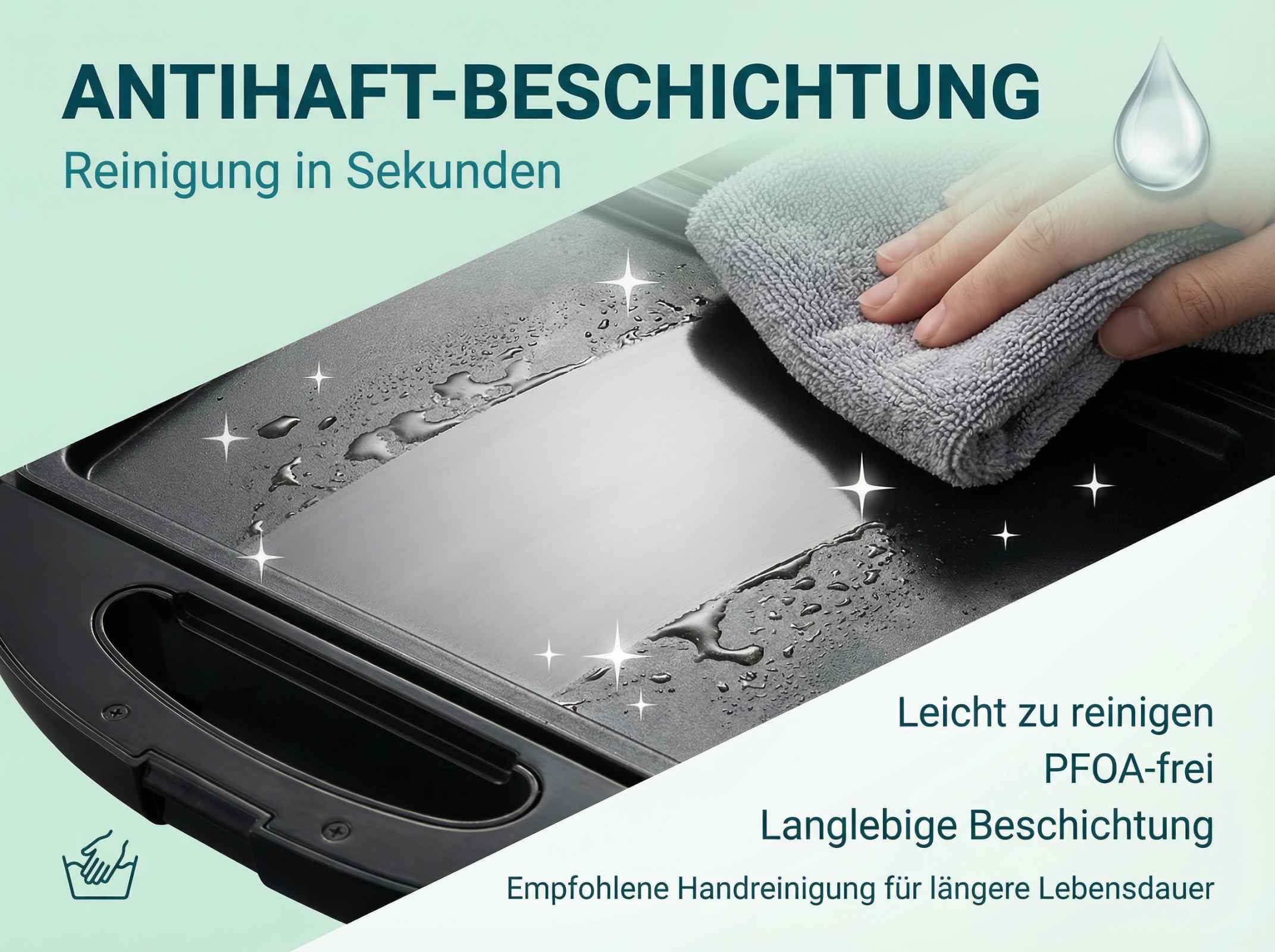 Eine Hand wischt mit einem grauen Tuch über eine beschichtete Oberfläche mit Wassertropfen.