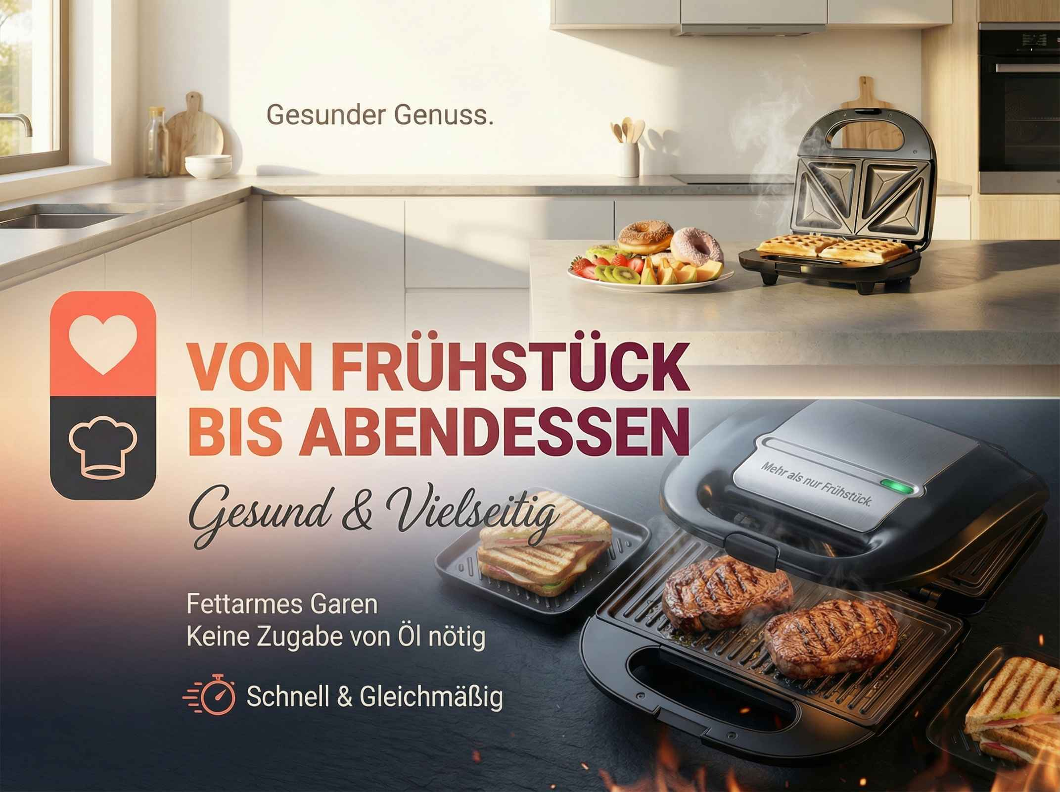 Ein Kontaktgrill bereitet Sandwiches und Steaks zu. Obst und Donuts liegen auf einem Teller.