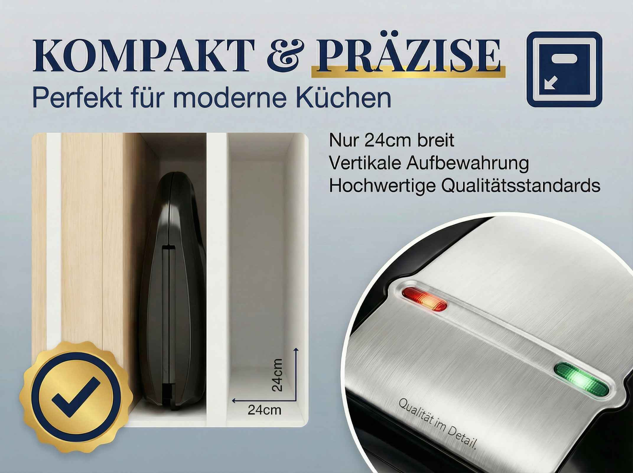 Kompakter Sandwichmaker in einem Regal, mit Maßen 24x24cm.