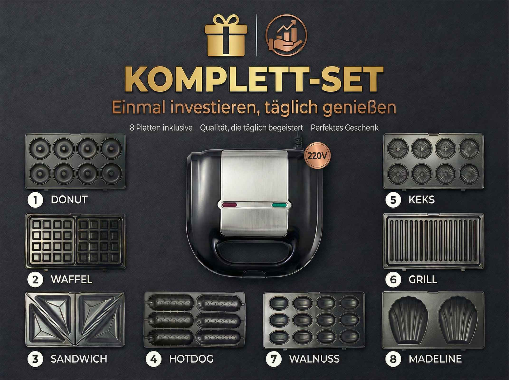 Ein Waffeleisen mit 8 austauschbaren Platten für Donut, Waffel, Sandwich, Hotdog, Keks, Grill, Walnuss und Madeleine.