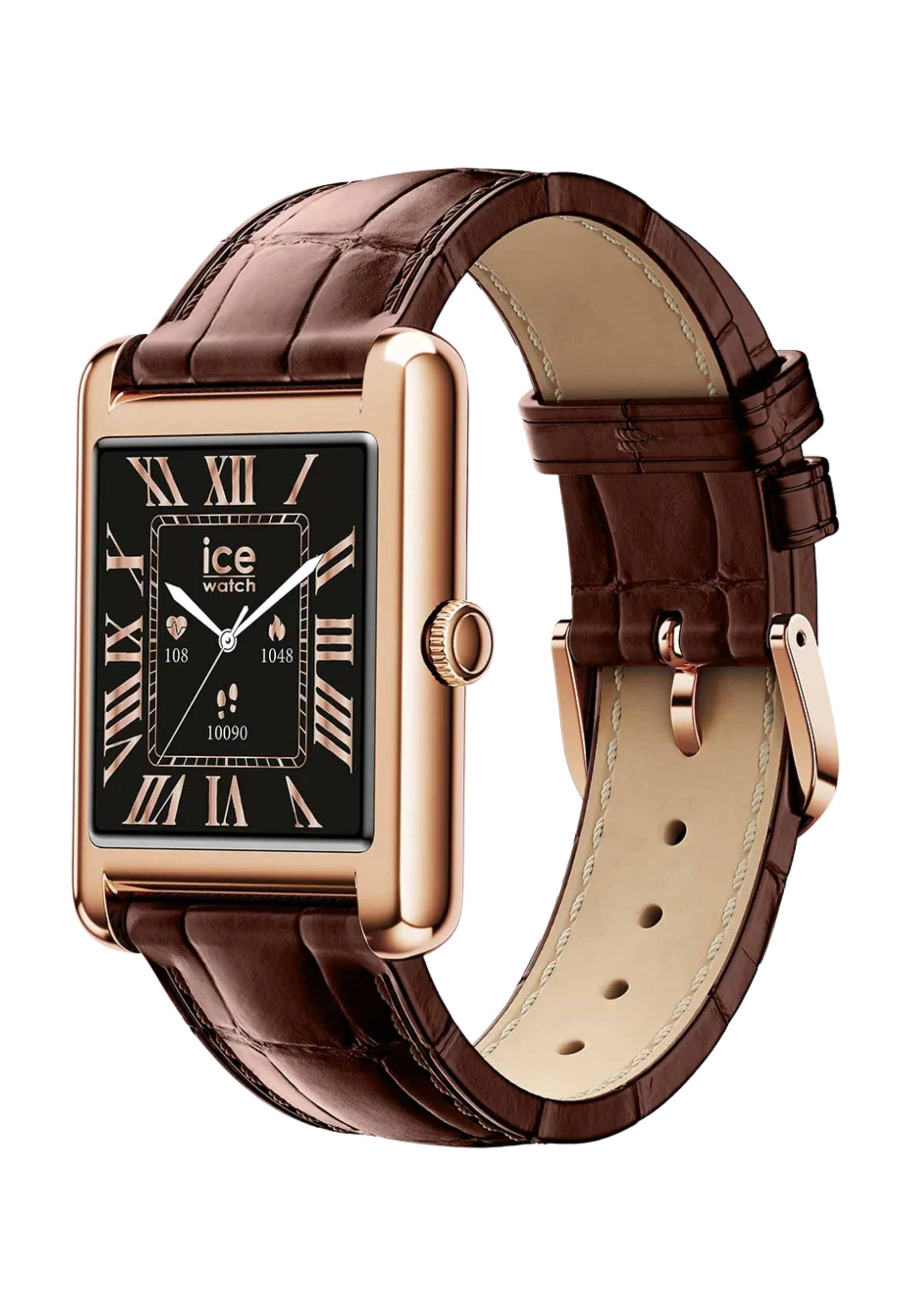 Eine goldfarbene rechteckige Smartwatch mit braunem Kroko-Lederarmband.