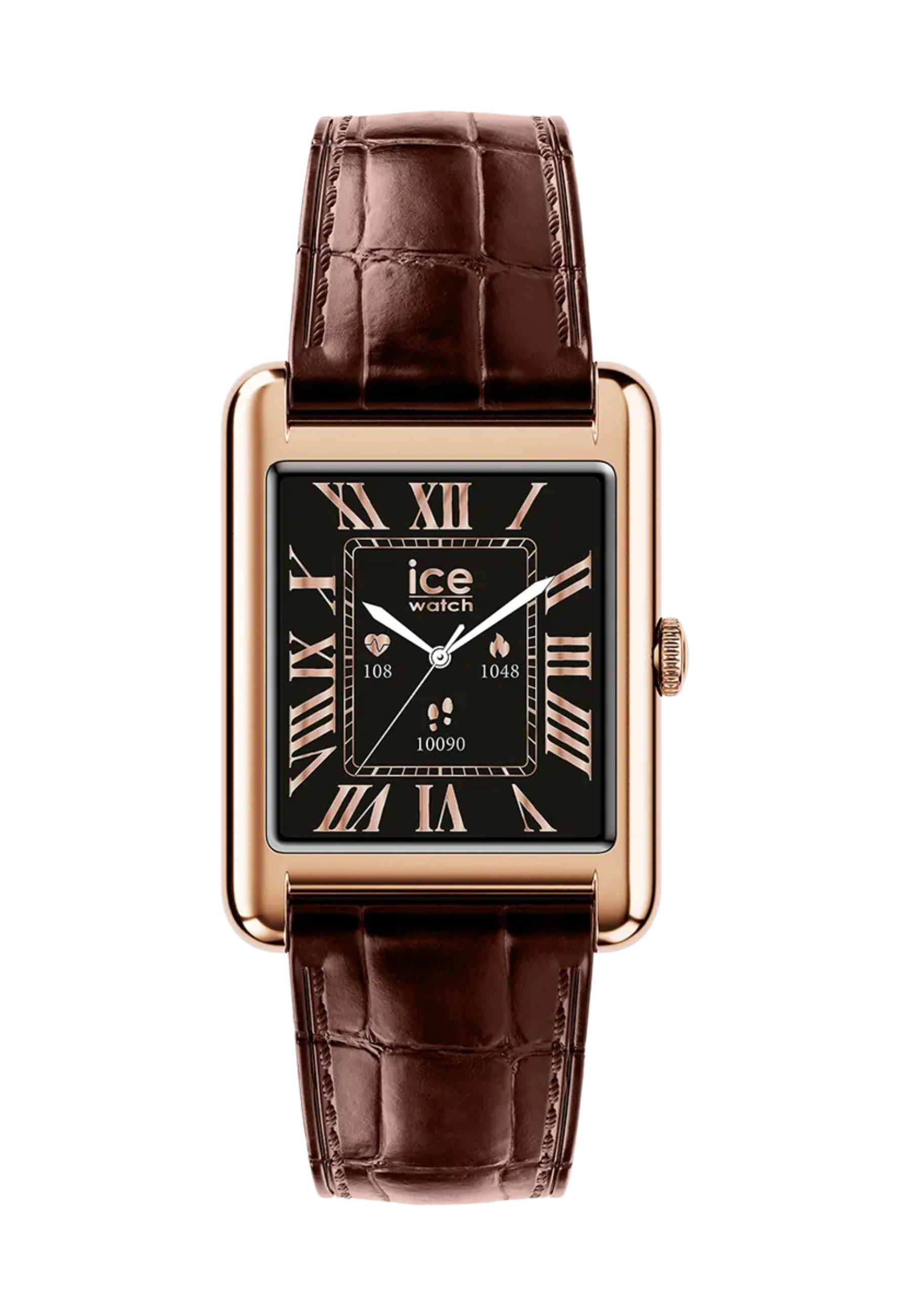 Eine rechteckige Roségold-Uhr mit braunem Krokodillederarmband und schwarzem Zifferblatt.