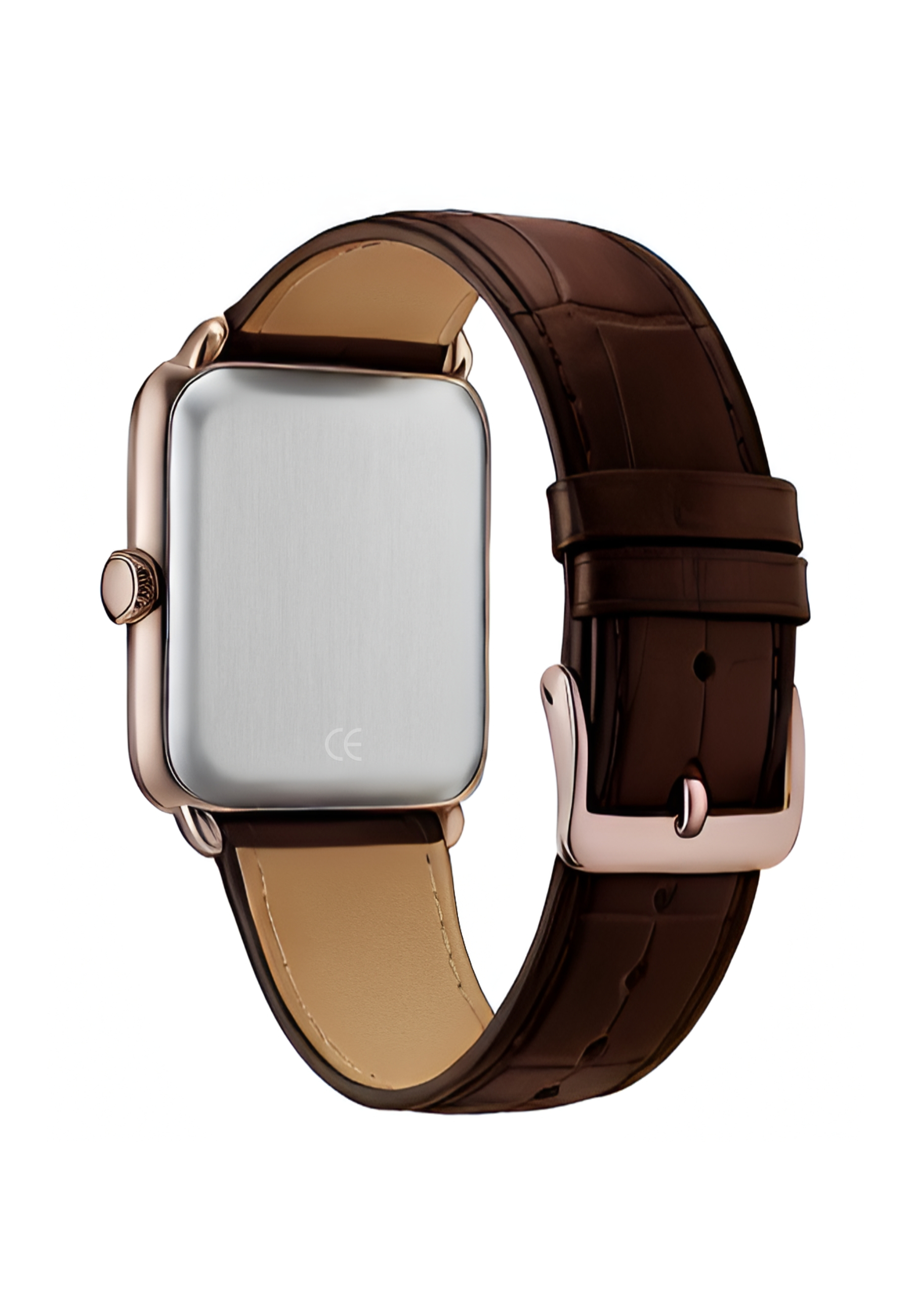 Rückseite einer rosegoldfarbenen Smartwatch mit braunem Lederarmband und CE-Zeichen.
