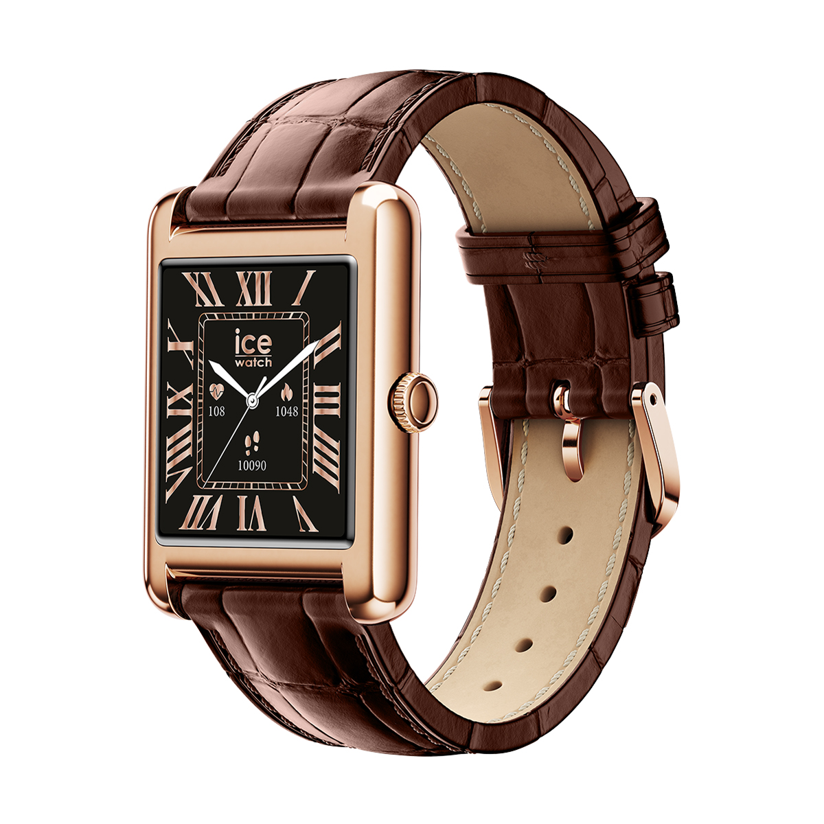 Eine rechteckige Rosegold-Smartwatch mit braunem Krokodillederarmband.