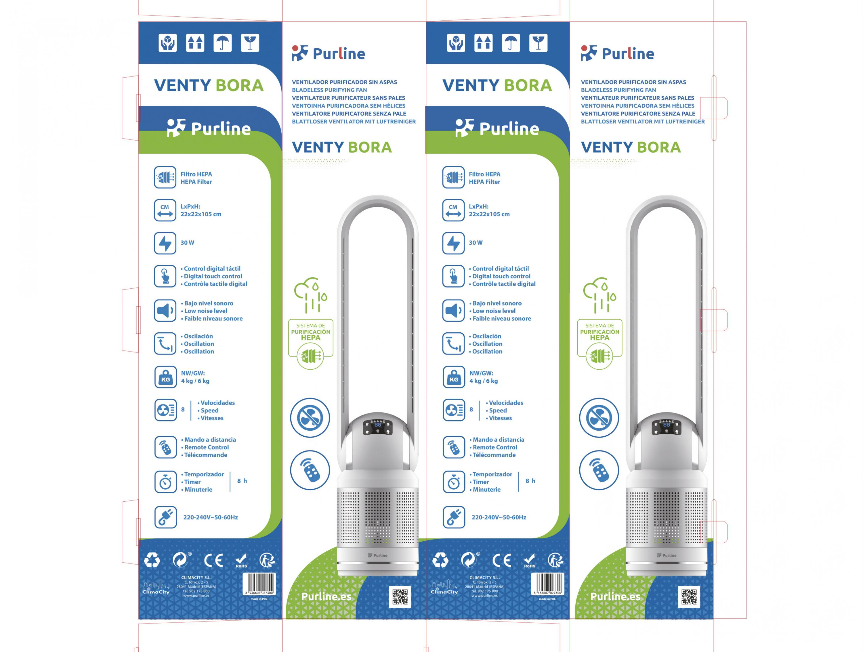 Un ventilador de torre Purline blanco con filtro HEPA, 30W, 8 velocidades y mando.
