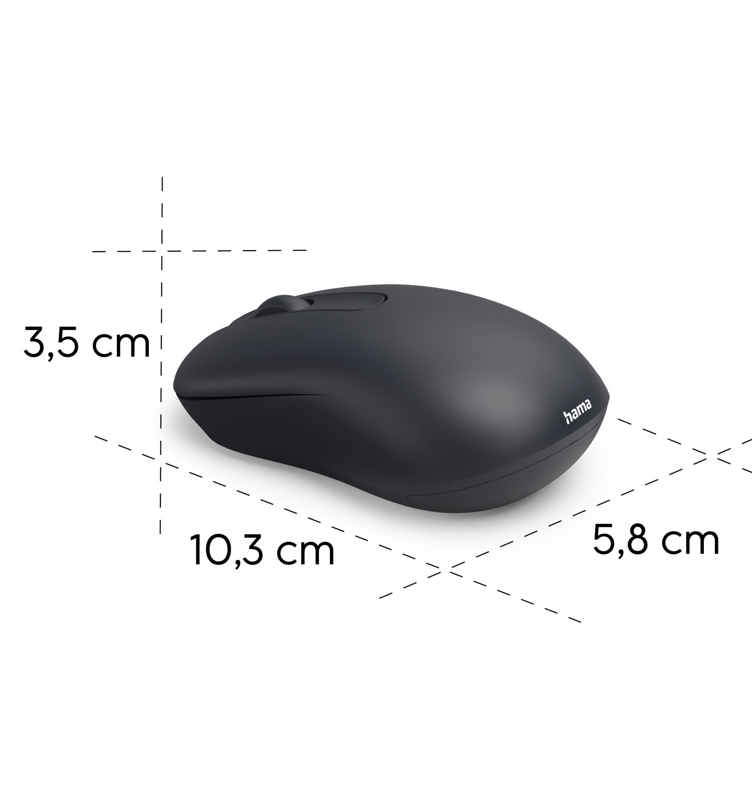 Mysz bezprzewodowa o wymiarach: 10,3 x 5,8 x 3,5 cm.