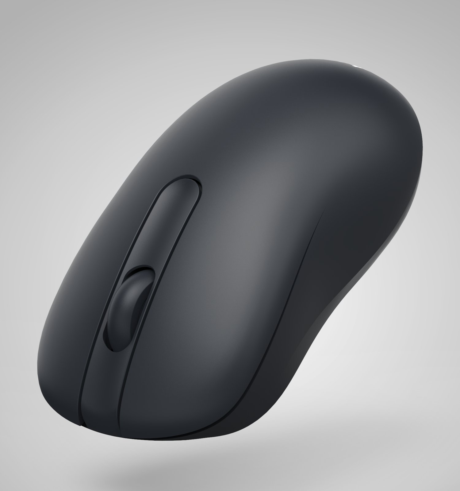 Czarna mysz komputerowa z kółkiem przewijania i dwoma przyciskami na jasnoszarym tle.