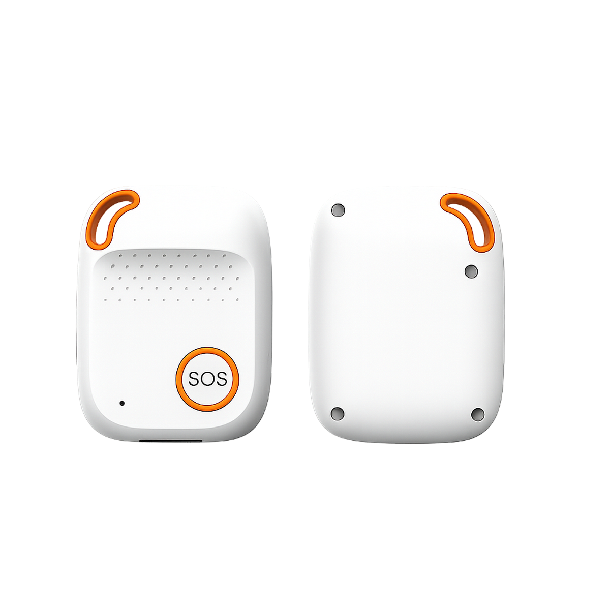 Zwei weiße SOS-Tracker mit orangefarbenen Akzenten auf weißem Hintergrund.