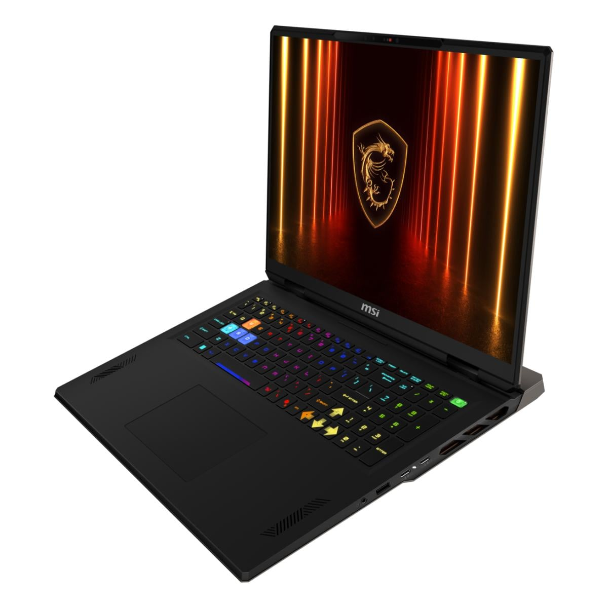 Schwarzer MSI-Laptop mit beleuchteter Tastatur und Drachenlogo auf dem Bildschirm.