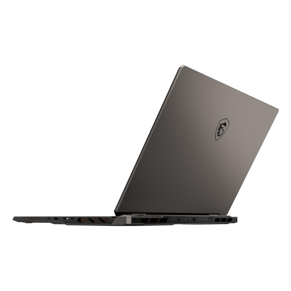 Ein geschlossener, dunkler Laptop mit MSI-Logo auf dem Deckel.