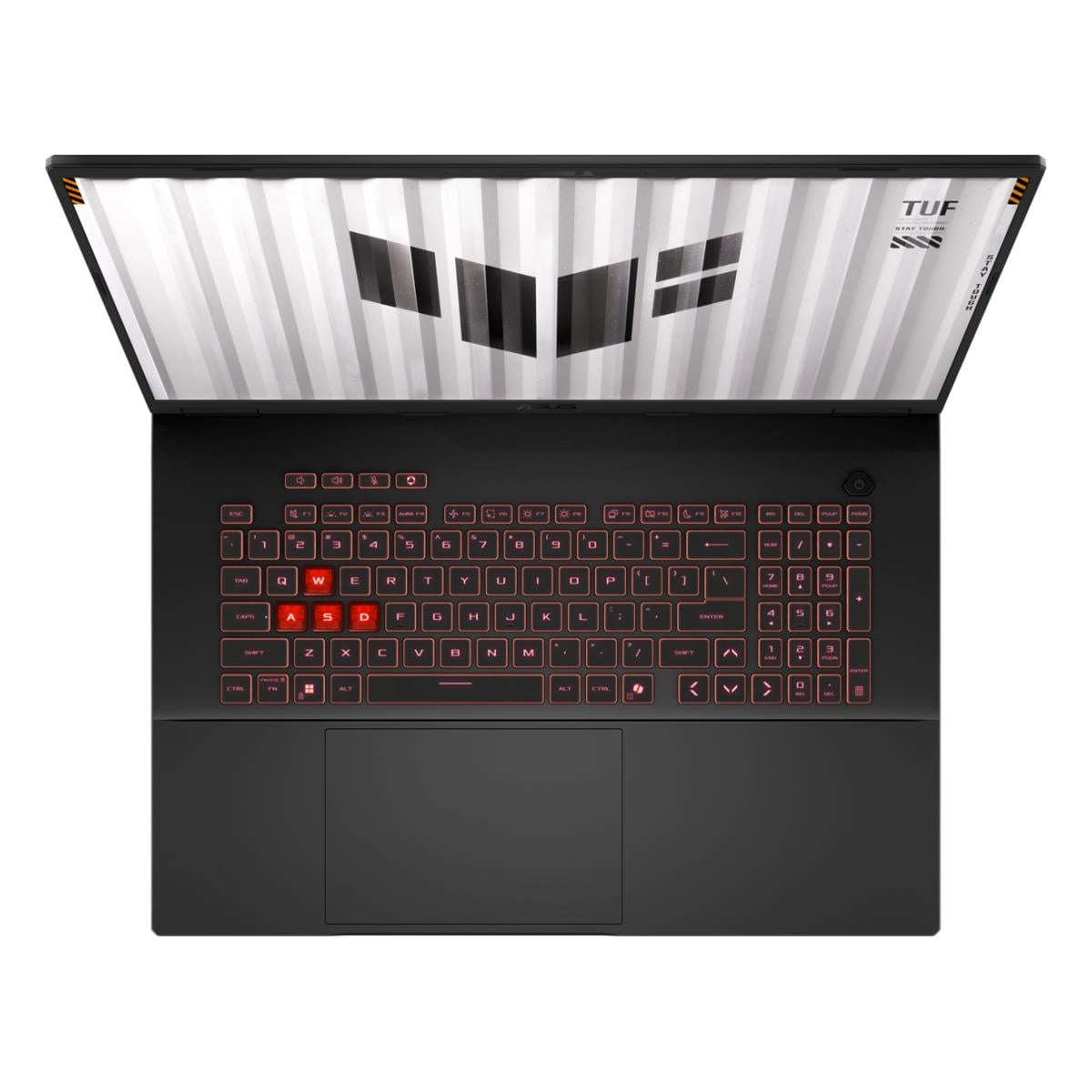 Ein offener schwarzer Laptop mit beleuchteter Tastatur und TUF-Logo auf dem Bildschirm.