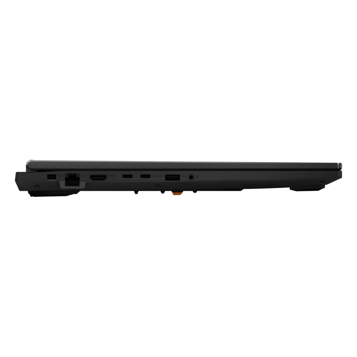 Die Seite eines schwarzen Laptops mit Anschlüssen: USB-C, HDMI, USB-A, Audiobuchse.