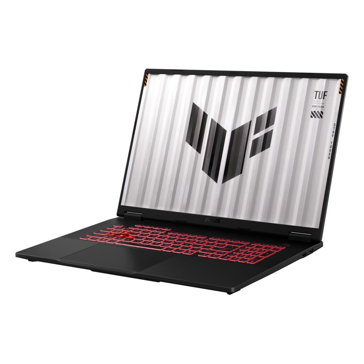 Schwarzer Laptop mit roter Tastatur und TUF-Logo auf dem Bildschirm.