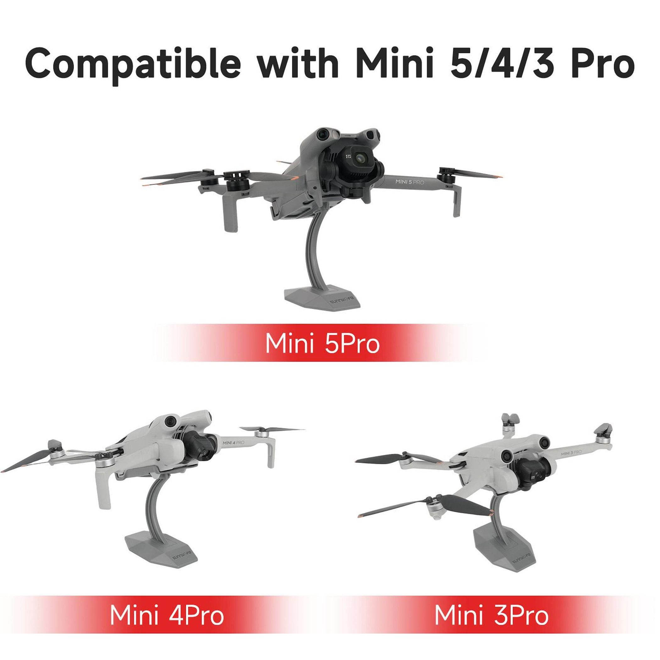 Drei graue Drohnen auf Ständern: Mini 5Pro, Mini 4Pro, Mini 3Pro.