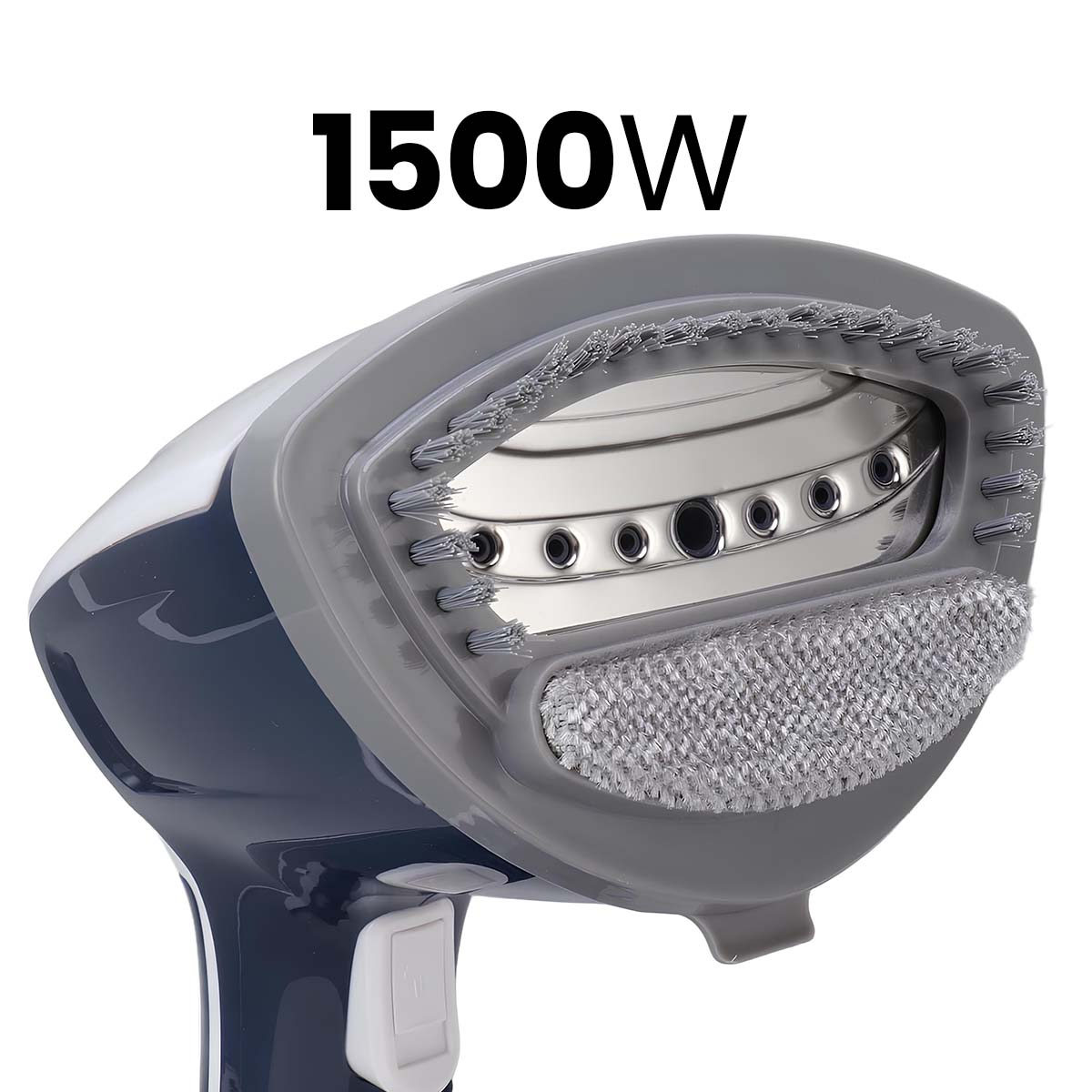 Dampfbürste mit 1500W Leistung, grau und dunkelblau, mit Borsten und Stoffauflage.