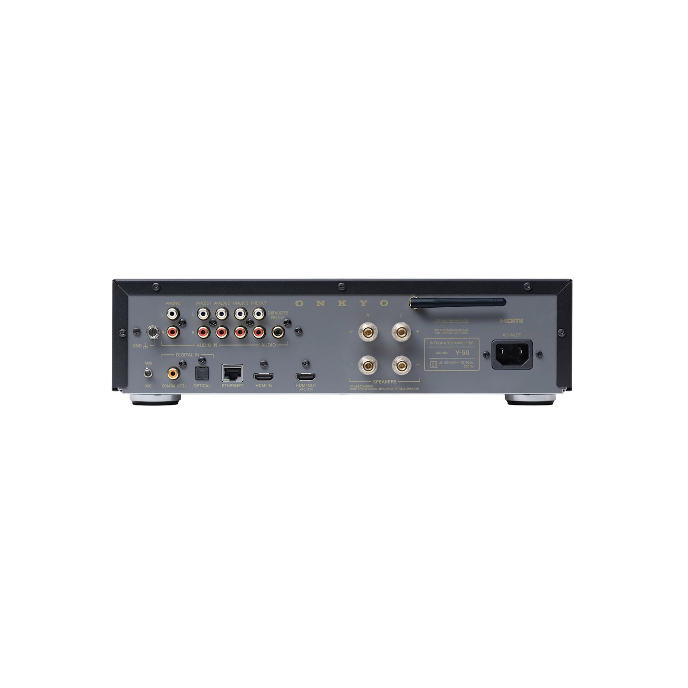 Rückseite eines Onkyo Y-50 Verstärkers mit Anschlüssen wie HDMI, USB und Lautsprecher.