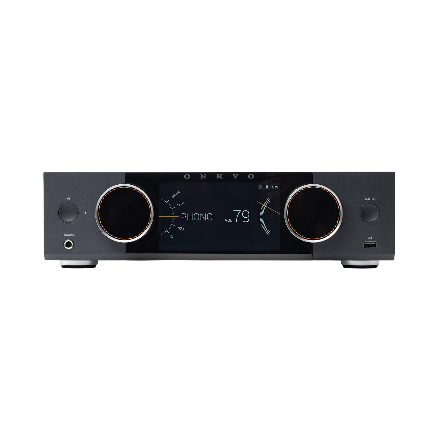 Schwarzer Onkyo Stereo-Receiver mit Digitalanzeige, Lautstärke 79.