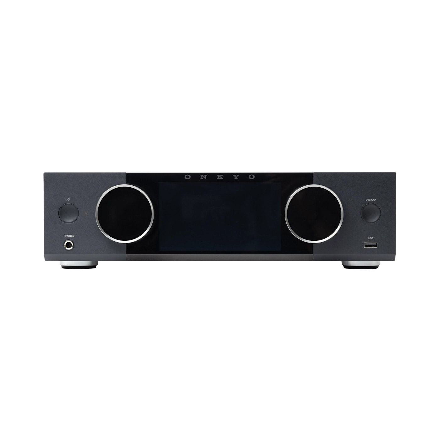 Ein schwarzer Onkyo-Receiver mit Display, zwei kreisförmigen Bedienelementen und Anschlüssen.