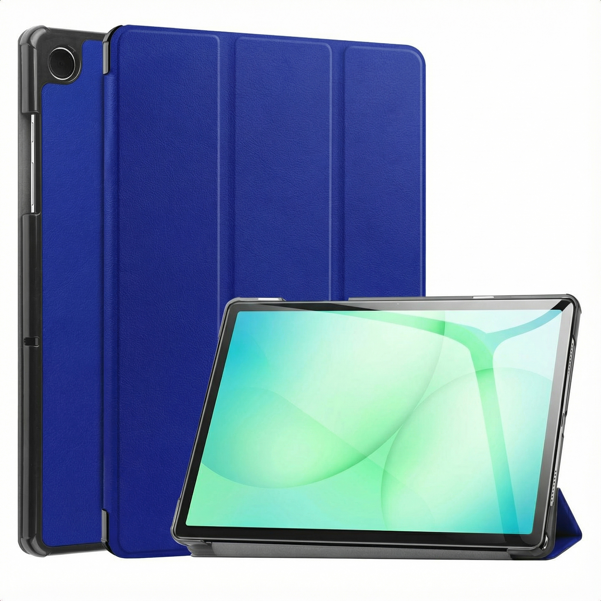 Tablette bleue avec étui, écran en mode paysage.