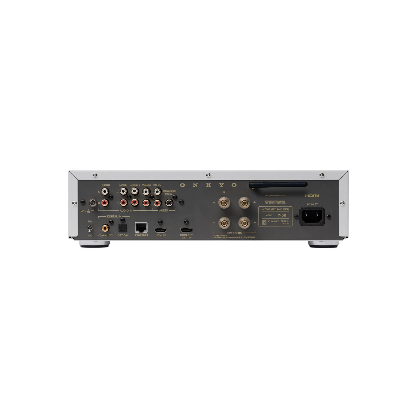 Rückseite eines Onkyo Y-50 Integrierten Verstärkers mit Anschlüssen.