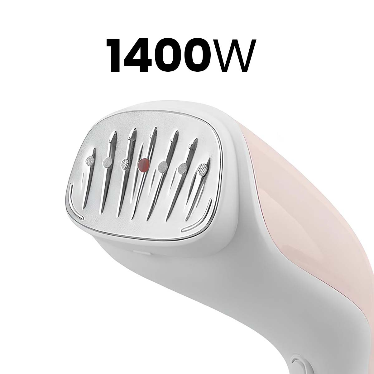 1400W Dampfbügeleisen mit rosa und weißem Griff und Metallsohle.