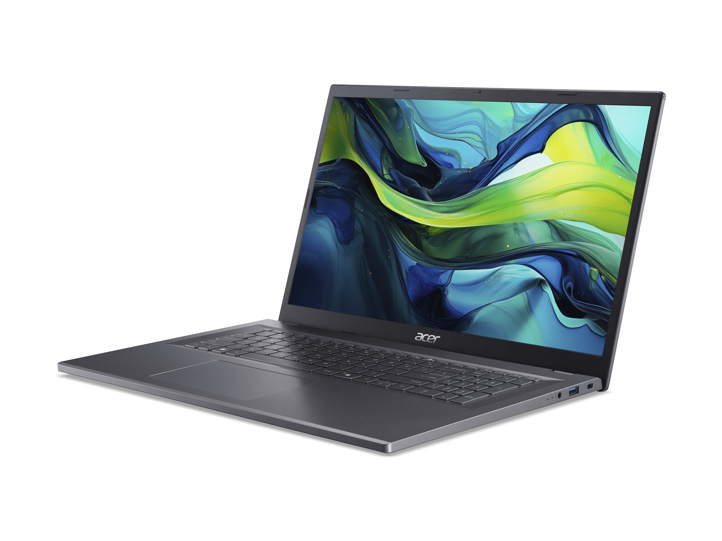 Szary laptop Acer z abstrakcyjnym tłem na ekranie.