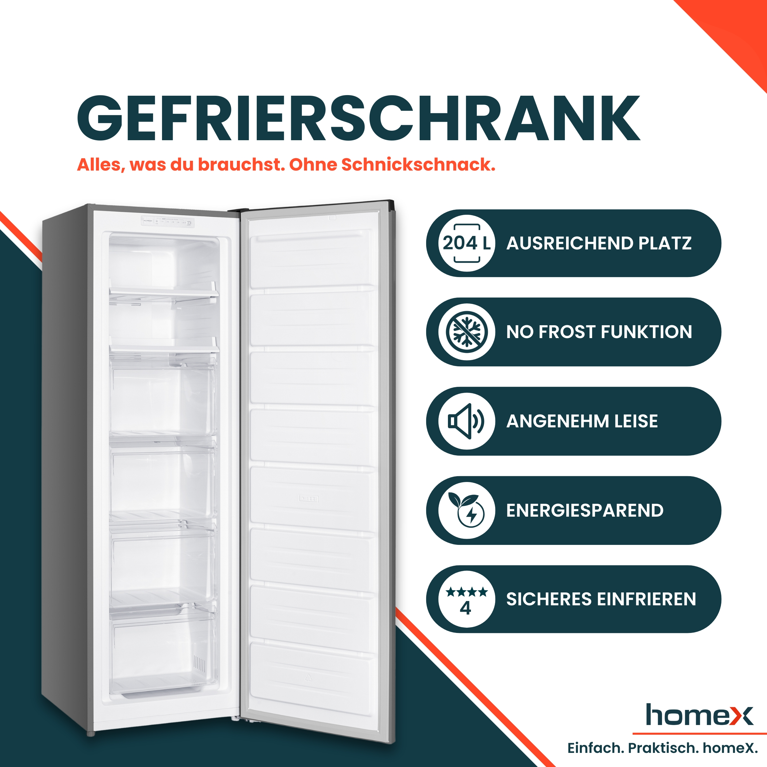 Ein offener Gefrierschrank mit mehreren Fächern und Icons zu Funktionen.