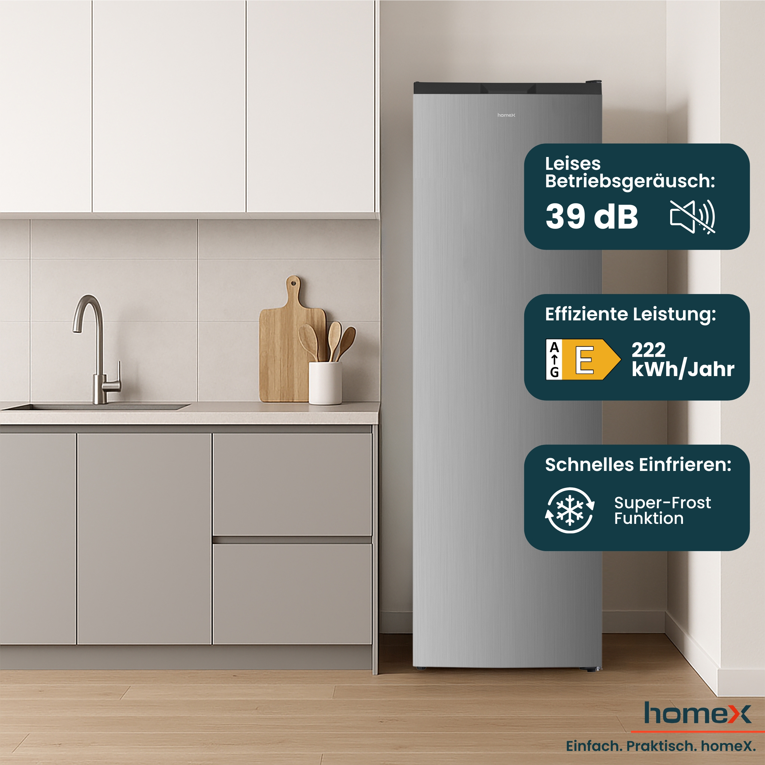 Moderner Küchenschrank mit Kühlschrank, 39 dB, Energieeffizienz E, 222 kWh/Jahr.