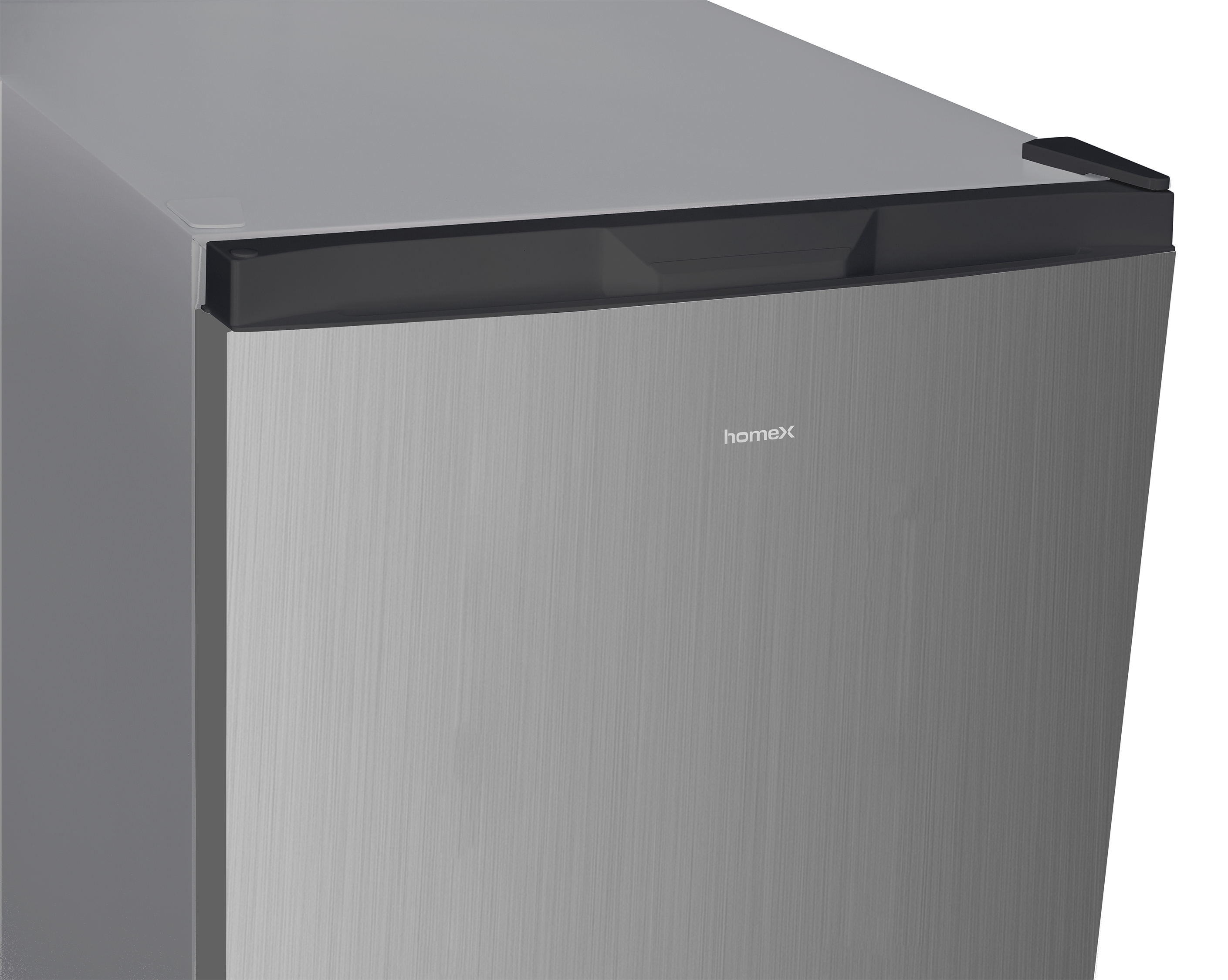 Grauer Kühlschrank mit schwarzem Griffbereich und dem Homex-Logo.