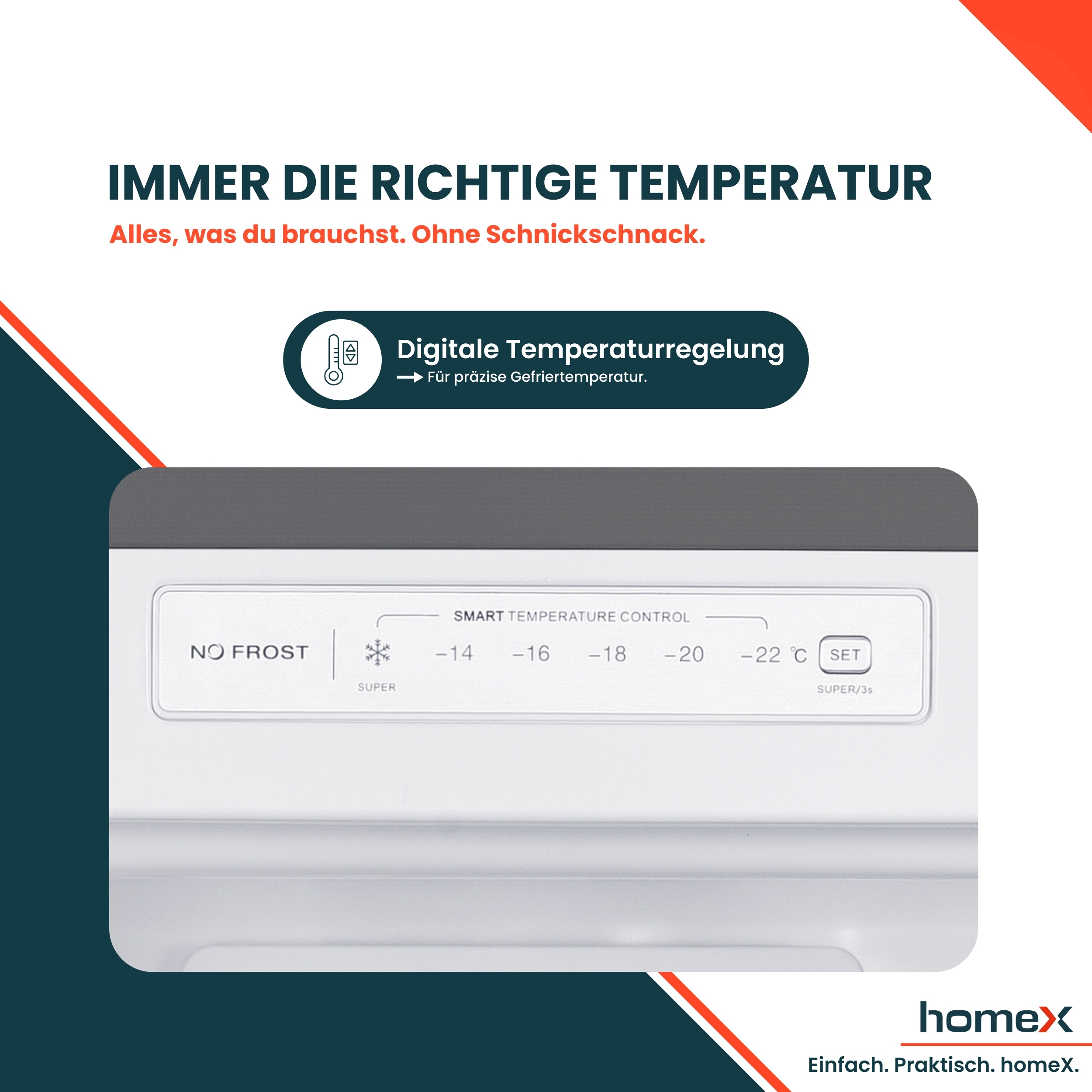 Das Bild zeigt das Bedienfeld eines Gefrierschranks mit digitaler Temperaturregelung.