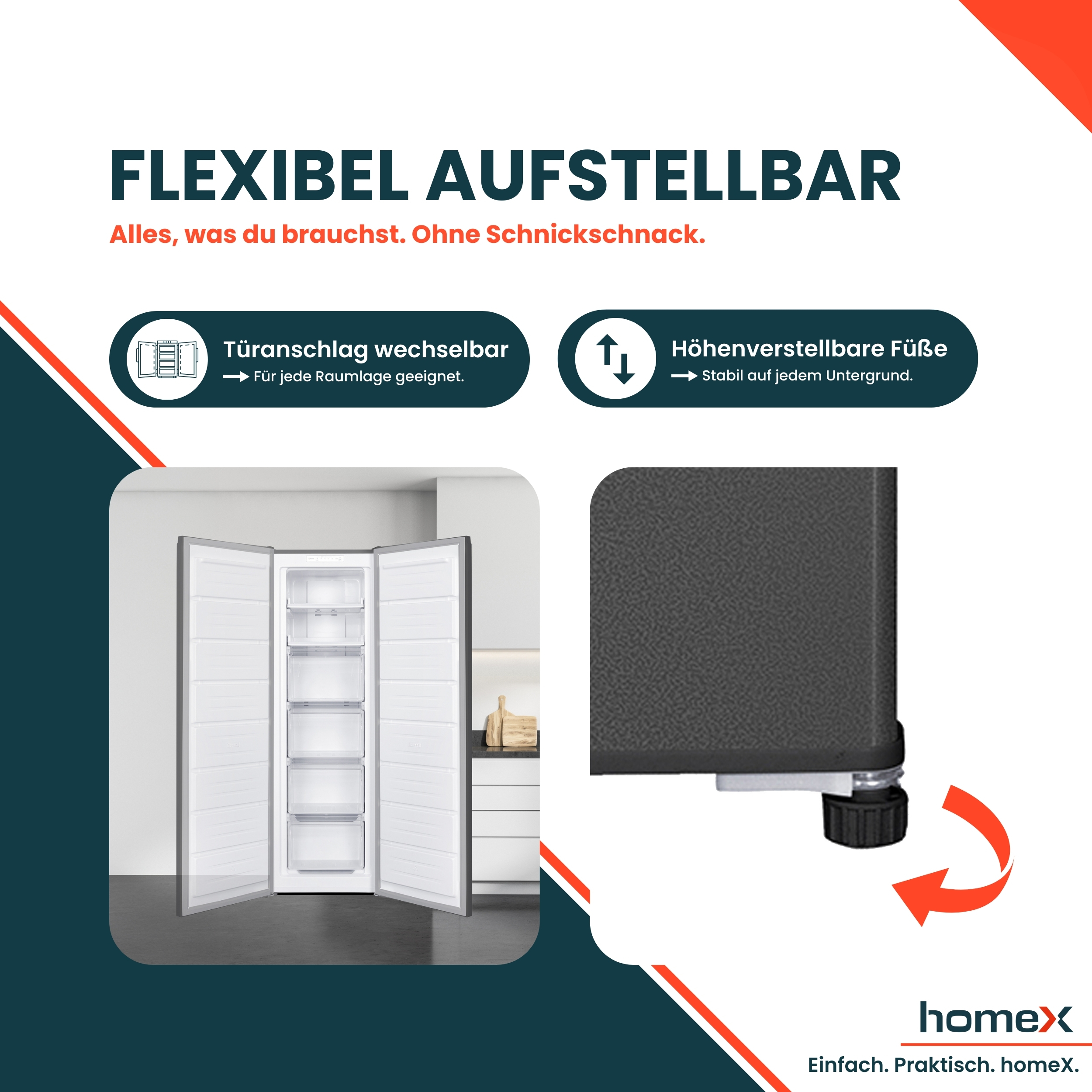 Ein weißer Kühlschrank mit offenen Türen und verstellbaren Füßen.