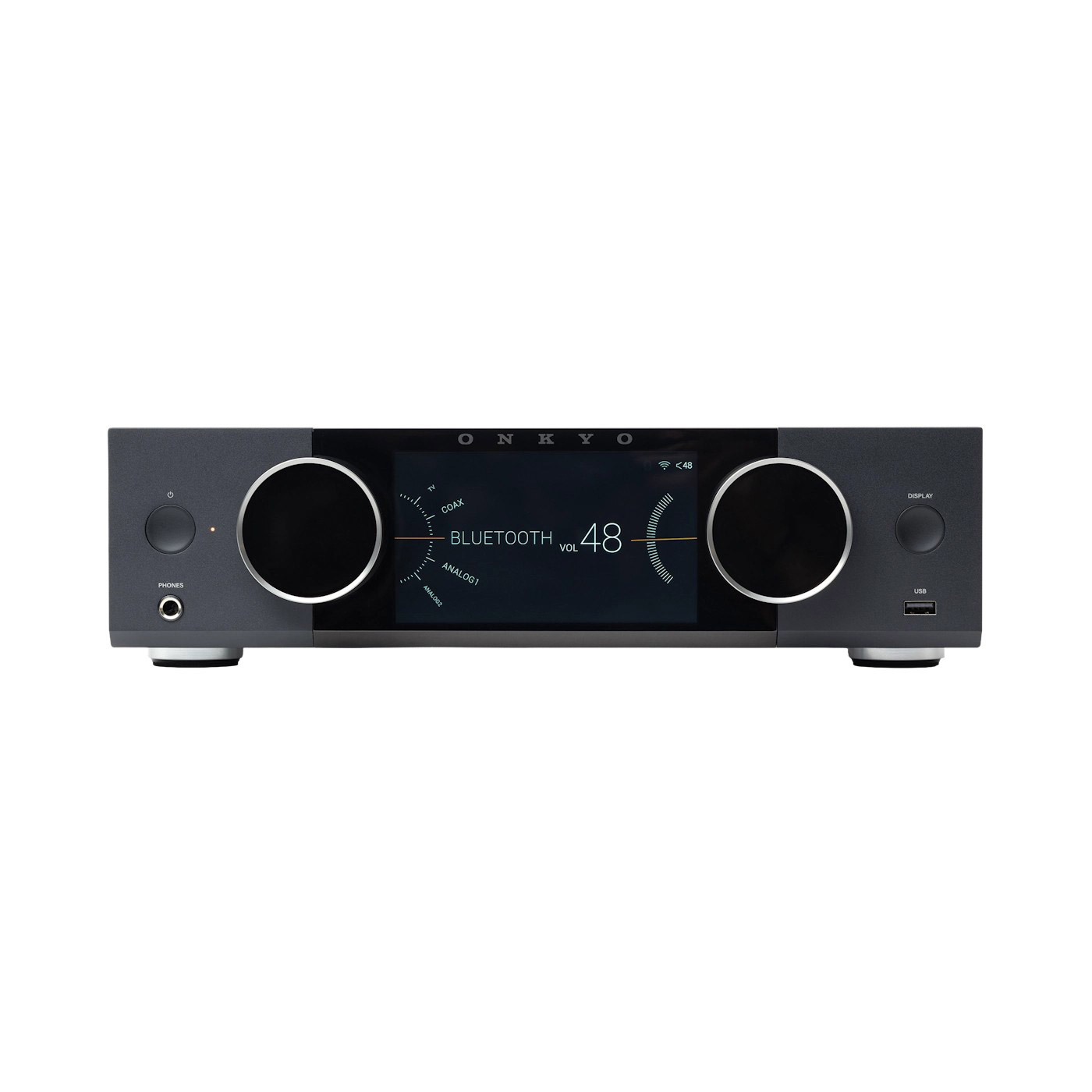 Ein schwarzer Onkyo Receiver mit Display, Lautstärkeregler und USB-Anschluss.