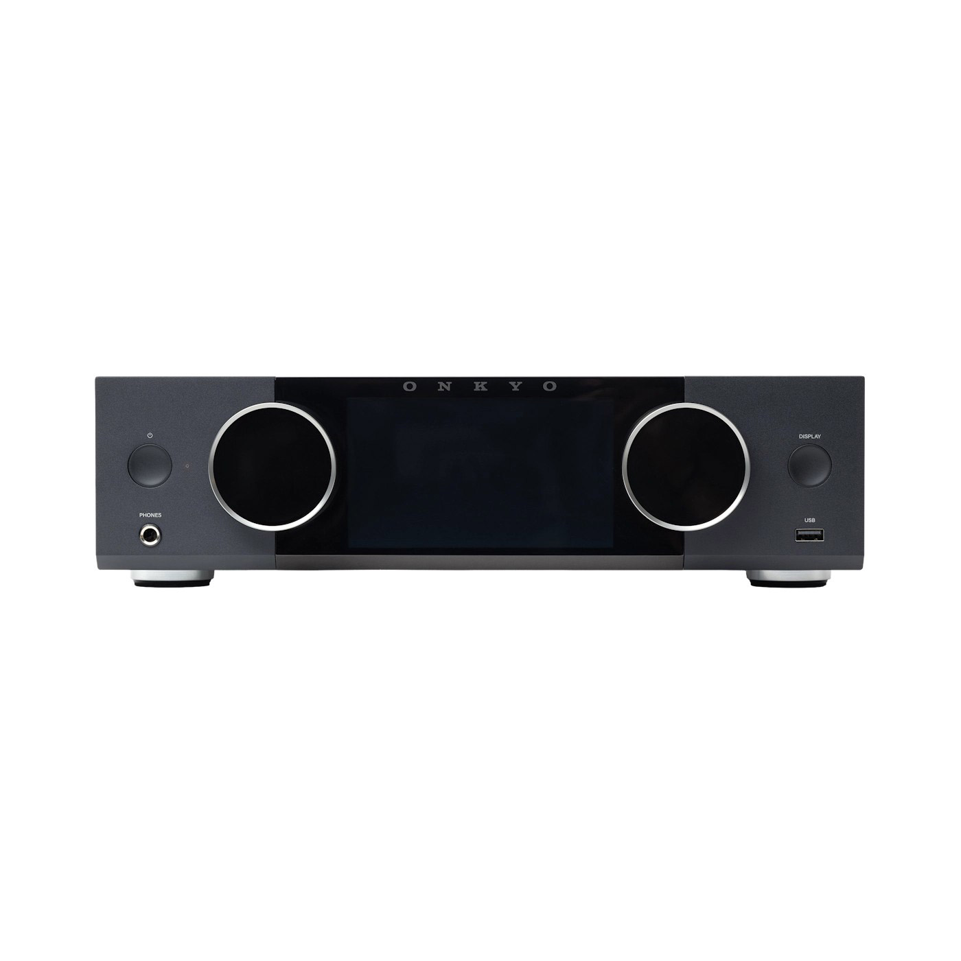 Ein schwarzer Onkyo Receiver mit Display, Lautstärkeregler und Anschlüssen.