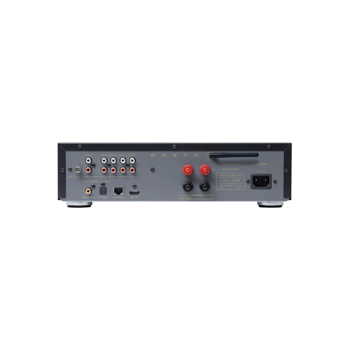 Rückseite eines Onkyo Y-40 Verstärkers mit Anschlüssen wie HDMI, Ethernet, Audio und Lautsprecher.