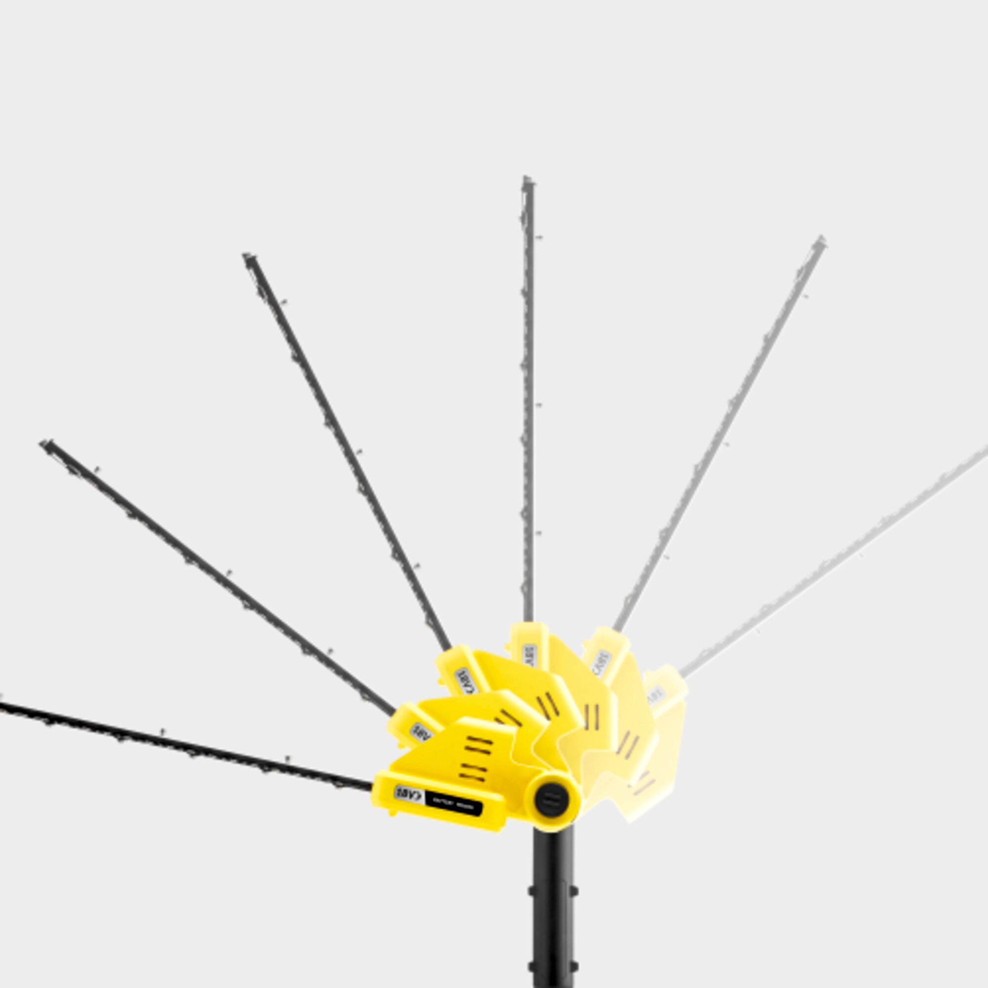 Ein gelbes Gerät mit mehreren Armen auf einem Stab, auf grauem Hintergrund.