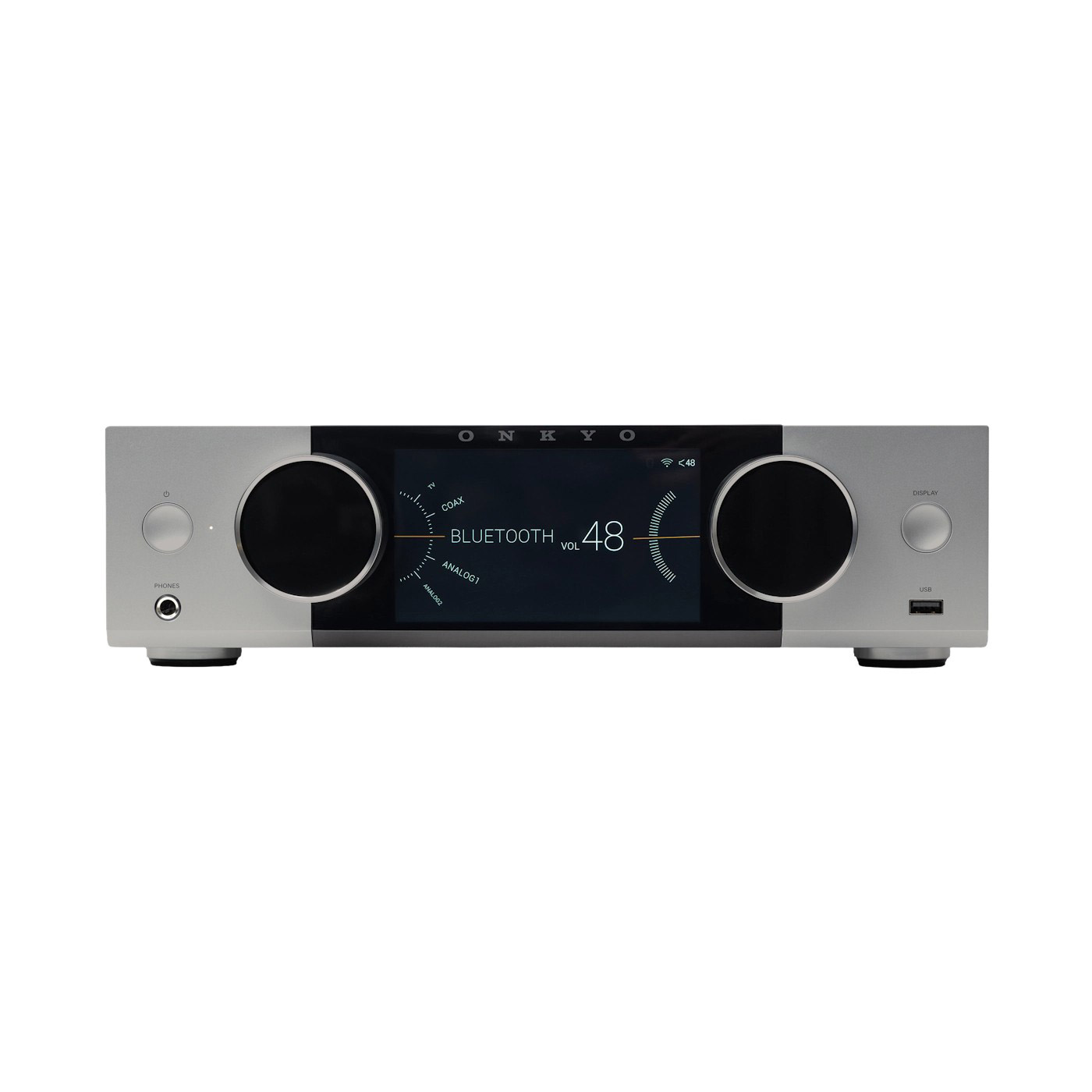 Ein silberner Onkyo-Receiver mit Display, das BLUETOOTH und VOL 48 anzeigt.