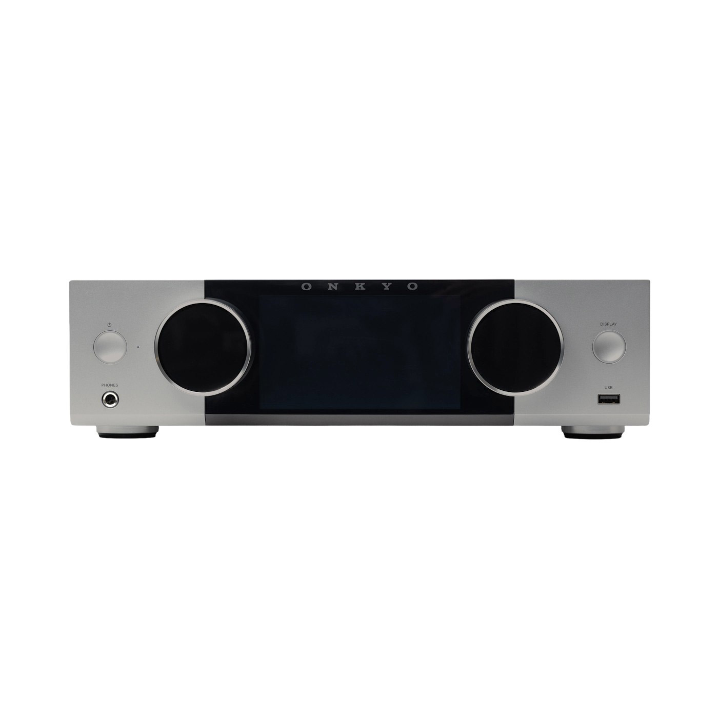 Silberner Onkyo-Receiver mit schwarzem Bildschirm und runden Knöpfen.