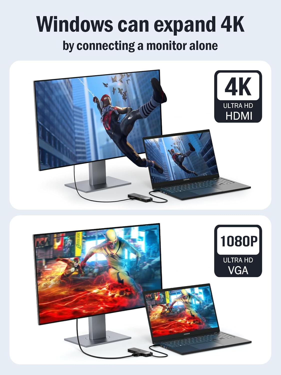 Laptop i monitor wyświetlają treści 4K i 1080p.