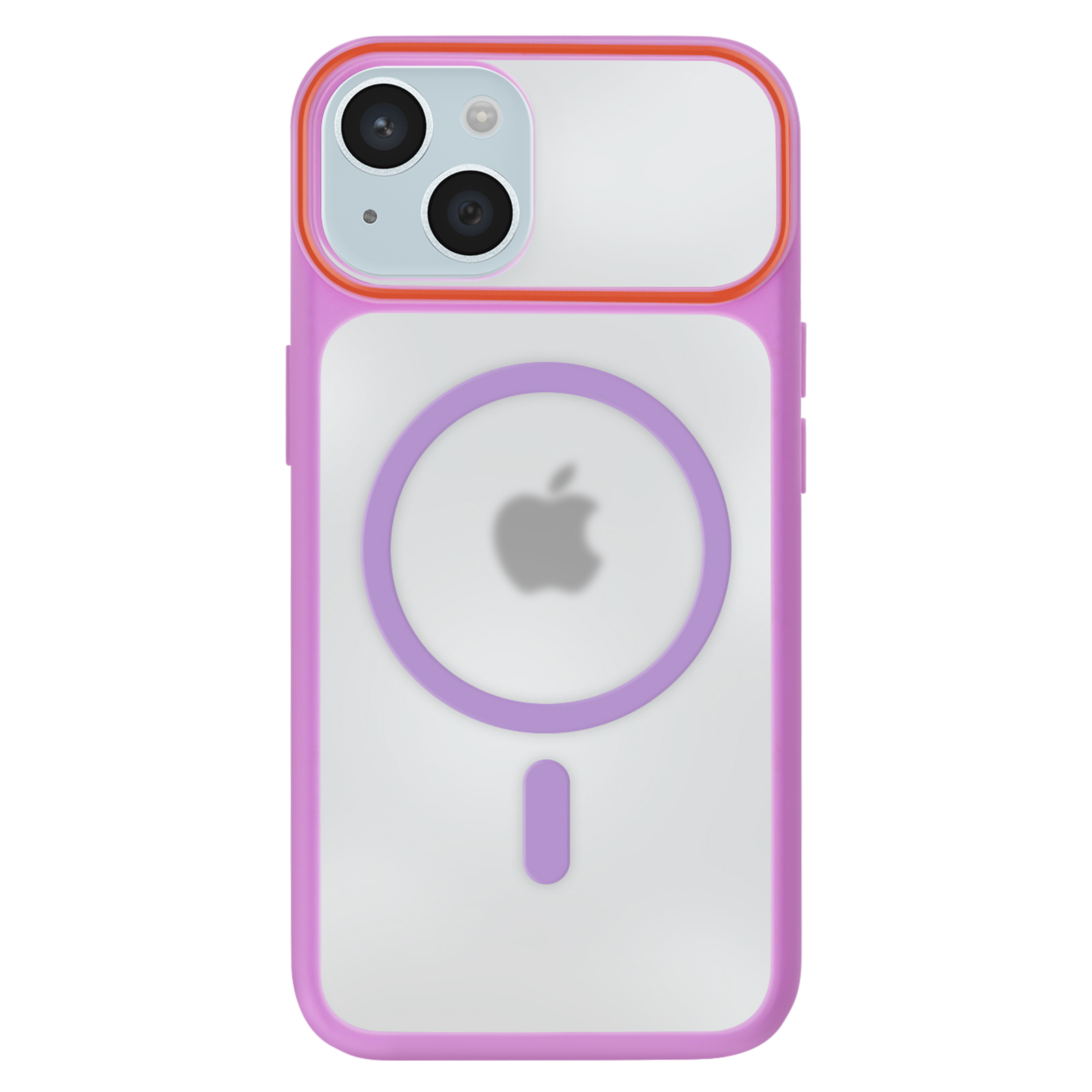 Paarse iPhone hoes met doorzichtige achterkant, MagSafe ring en dubbele camera.