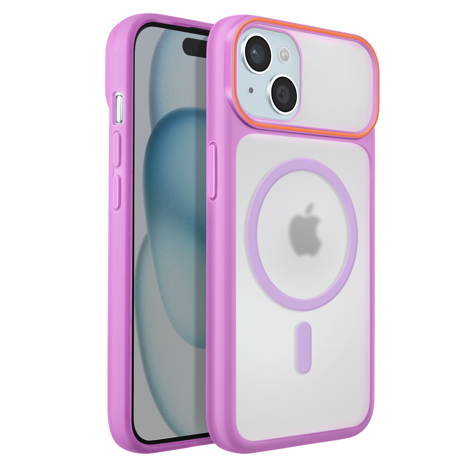 Een paarse iPhone hoes met doorzichtig achterpaneel met Apple logo en camera.
