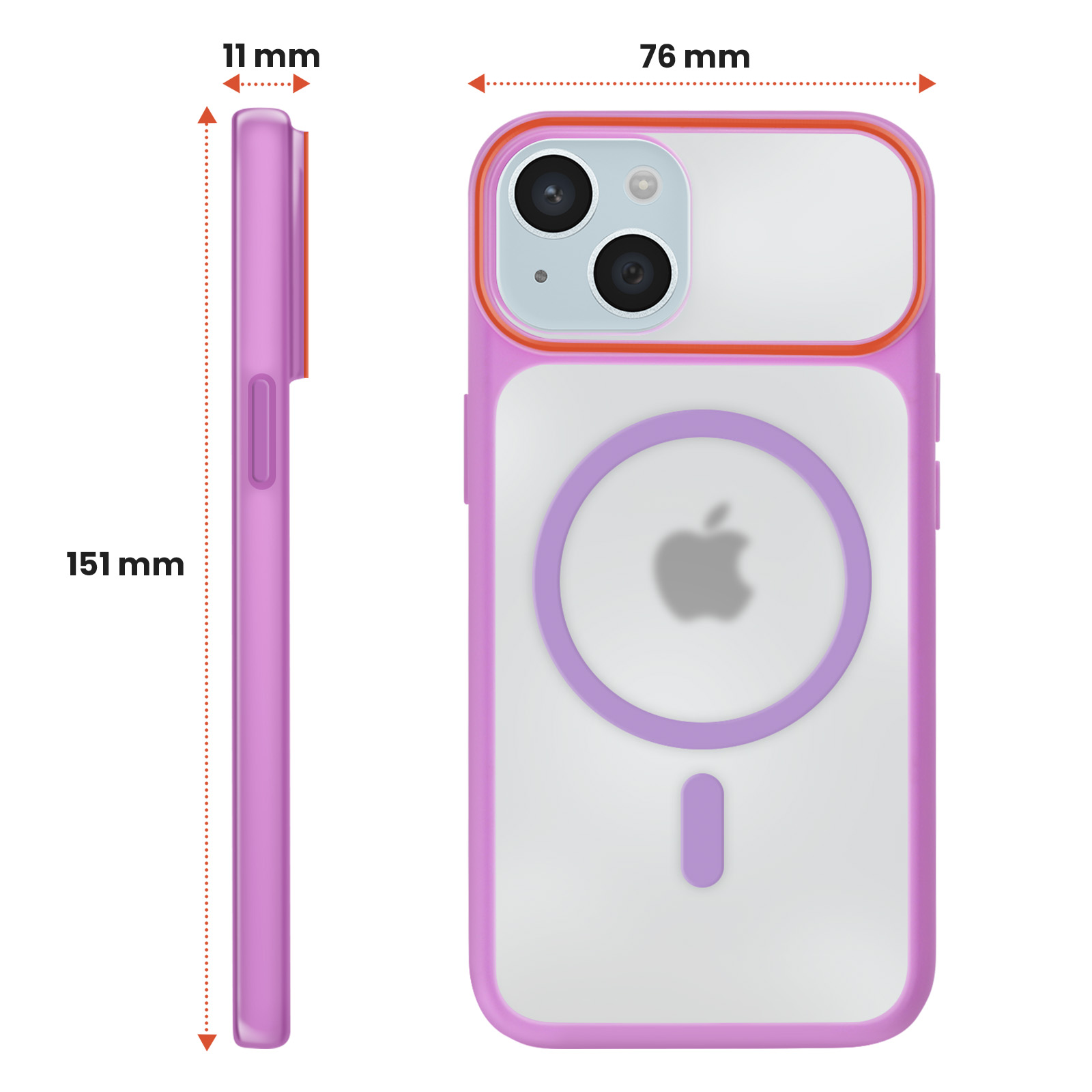 Een paarse iPhone case met MagSafe-ring en afmetingen.