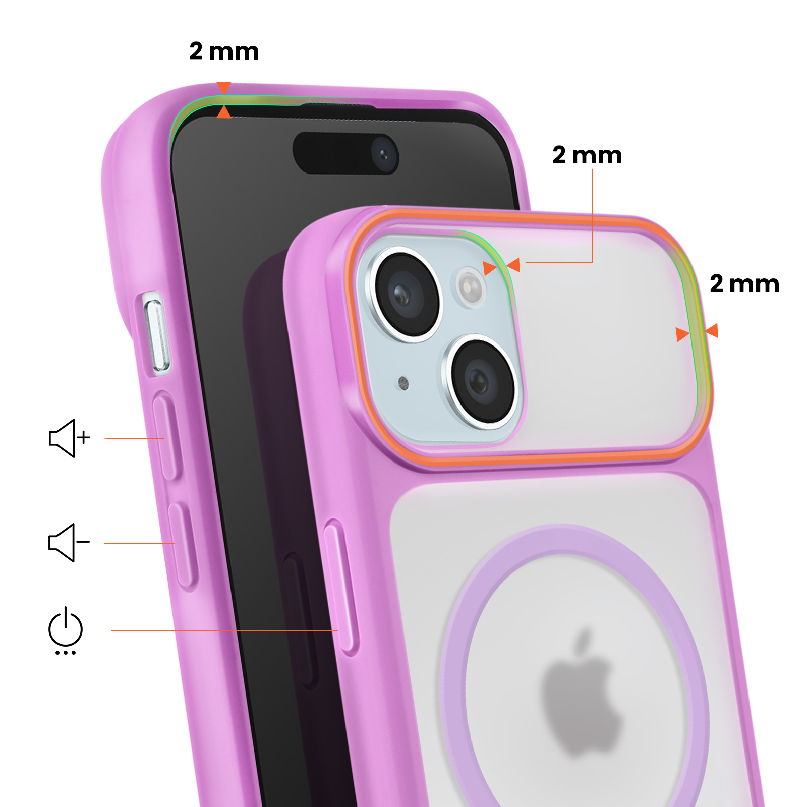 Een paarse iPhone case met doorzichtig achterkant en oranje rand.